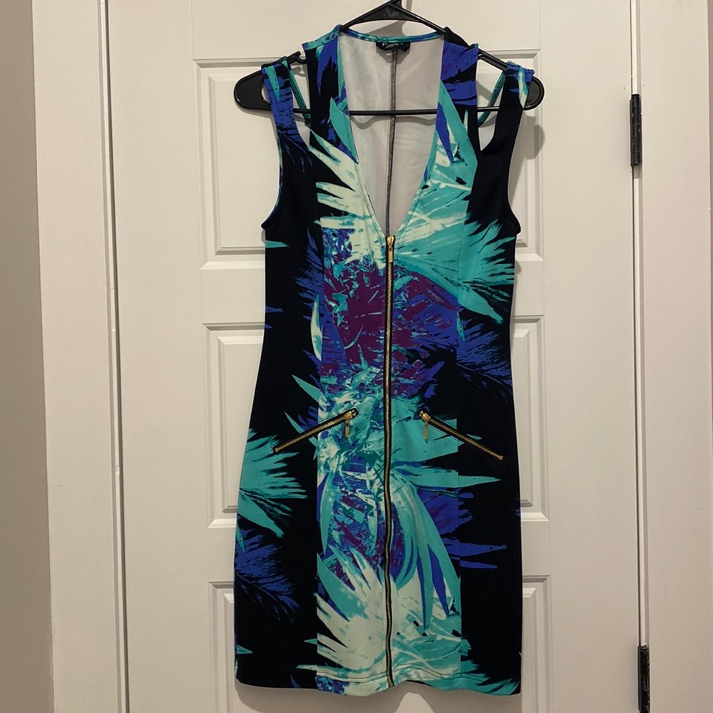 BeBe multi-colored mini dress with gold accents